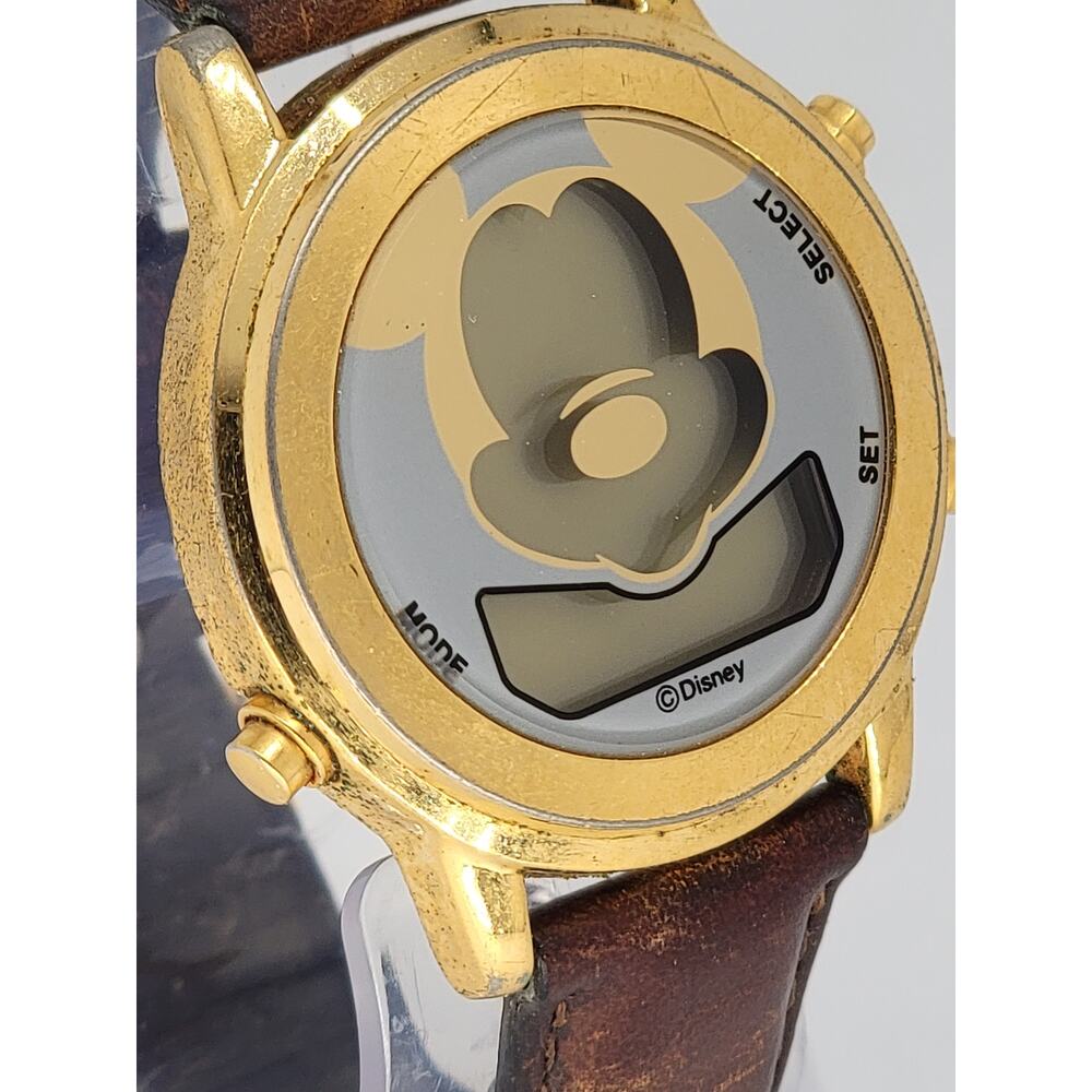 Vintage Men Disney Winking Mickey Mouse Gold Tone Digital Watch